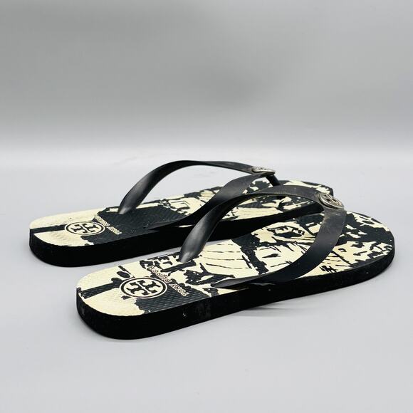 Tory Burch Sandals Womens 8 Black Thong Flip Flops Graphic Logo Casual Summer - Picture 7 of 9